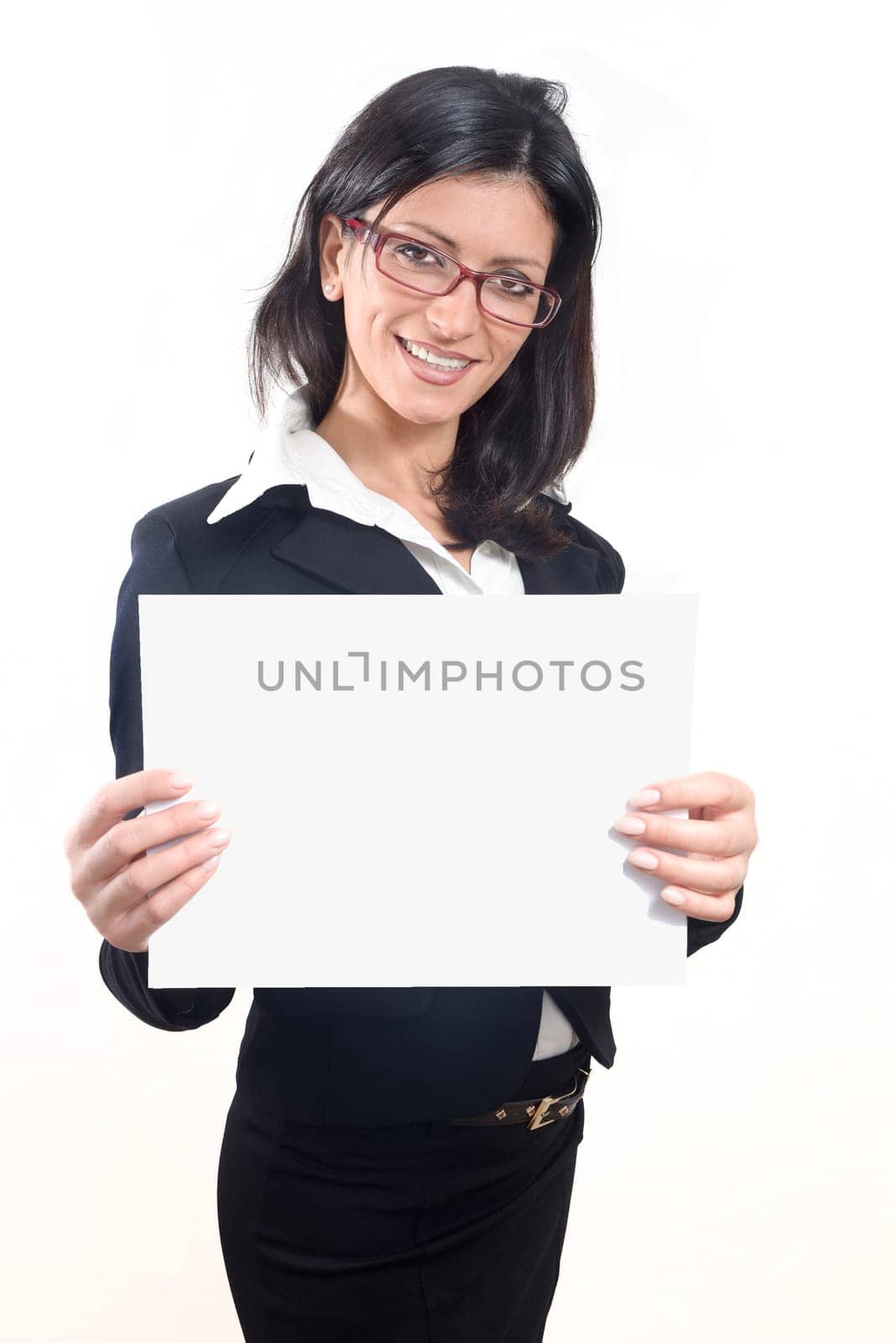 Funny businesswoman in frontal view. Caucasian woman isolated on white background