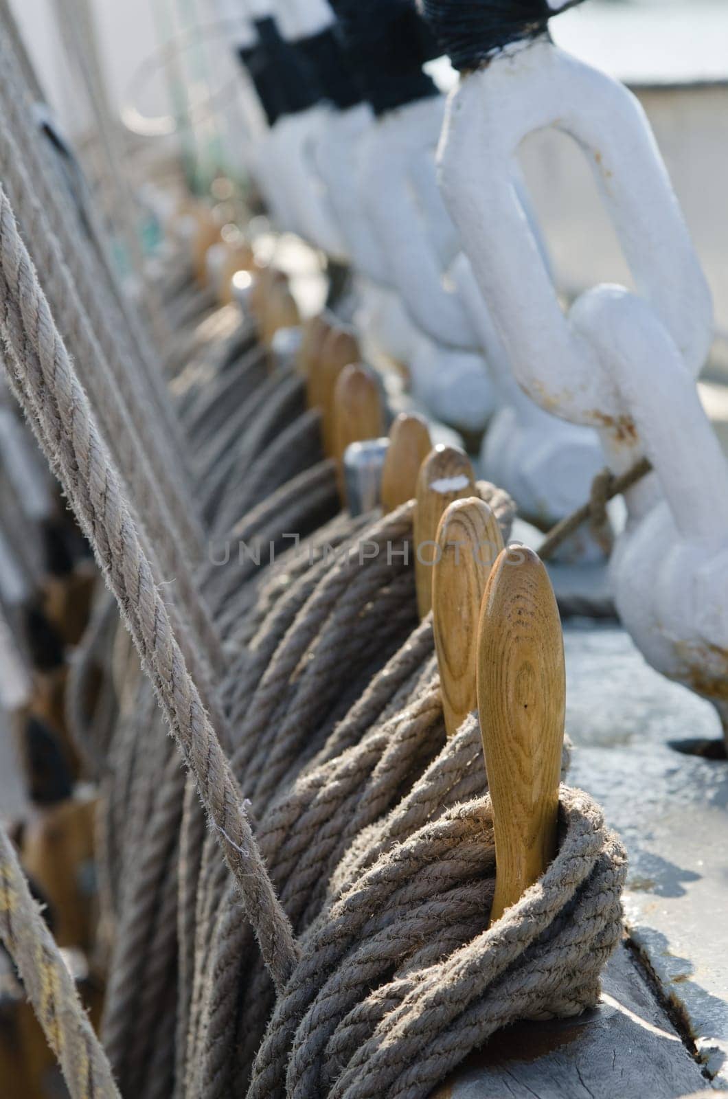 Blocks and rigging at the old sailboat, close-up
