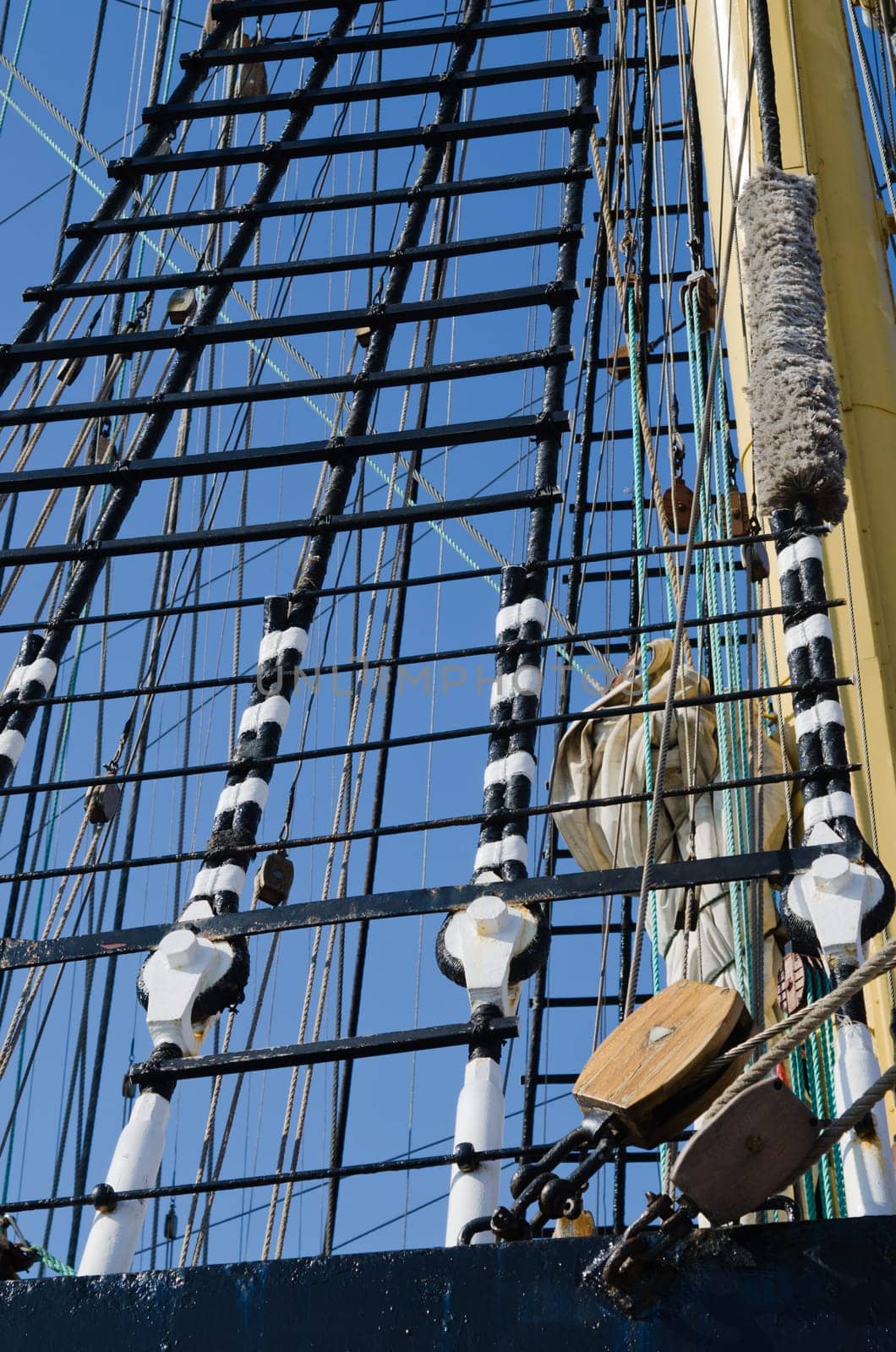Blocks and rigging at the old sailboat, close-up