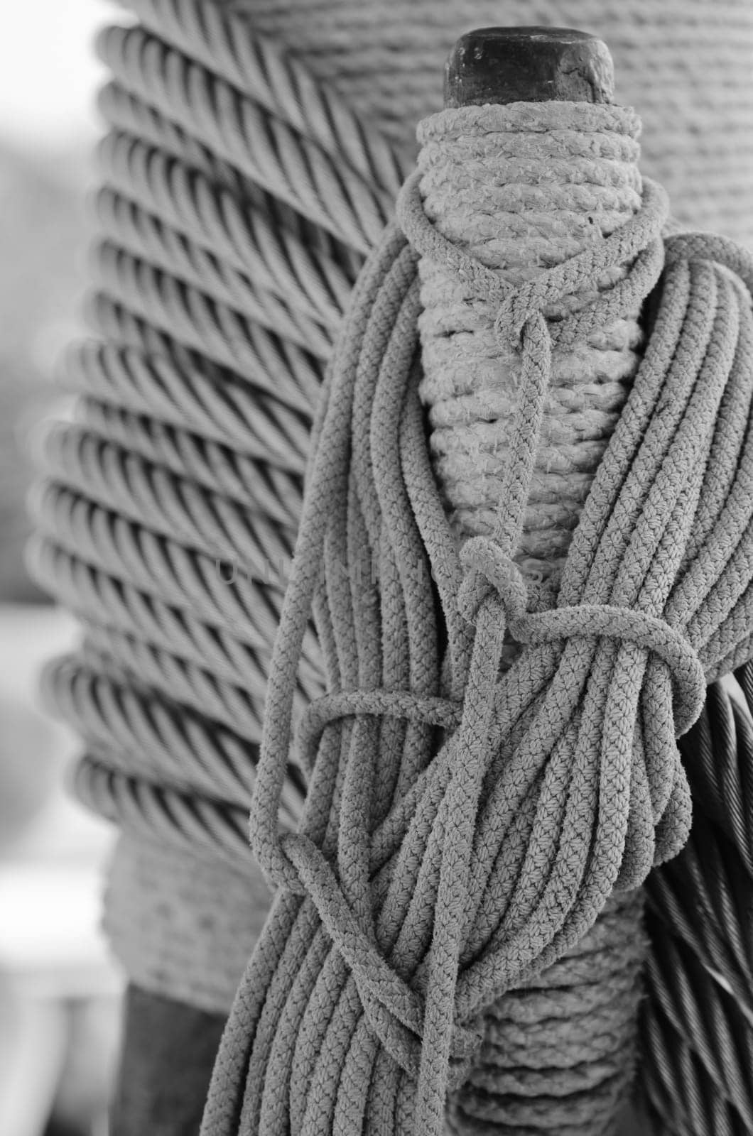 The ropes braided in bays on an ancient sailing vessel