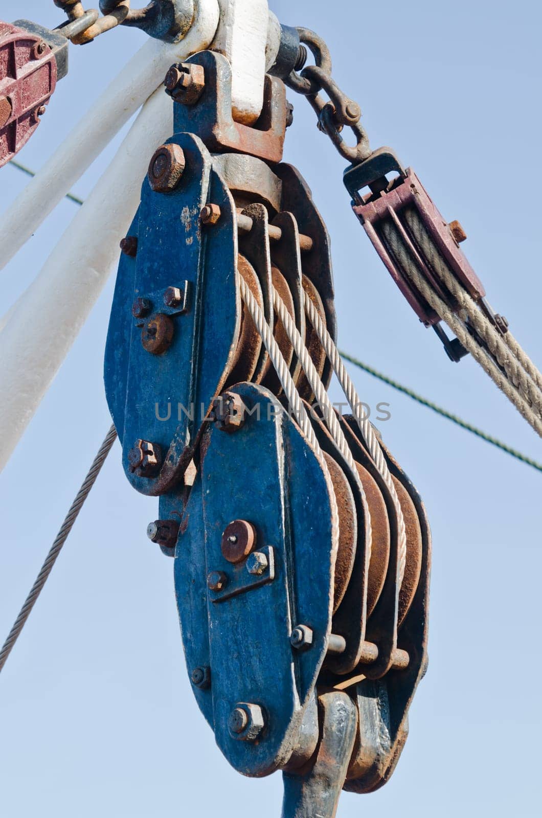 Blocks and rigging at the old sailboat, close-up