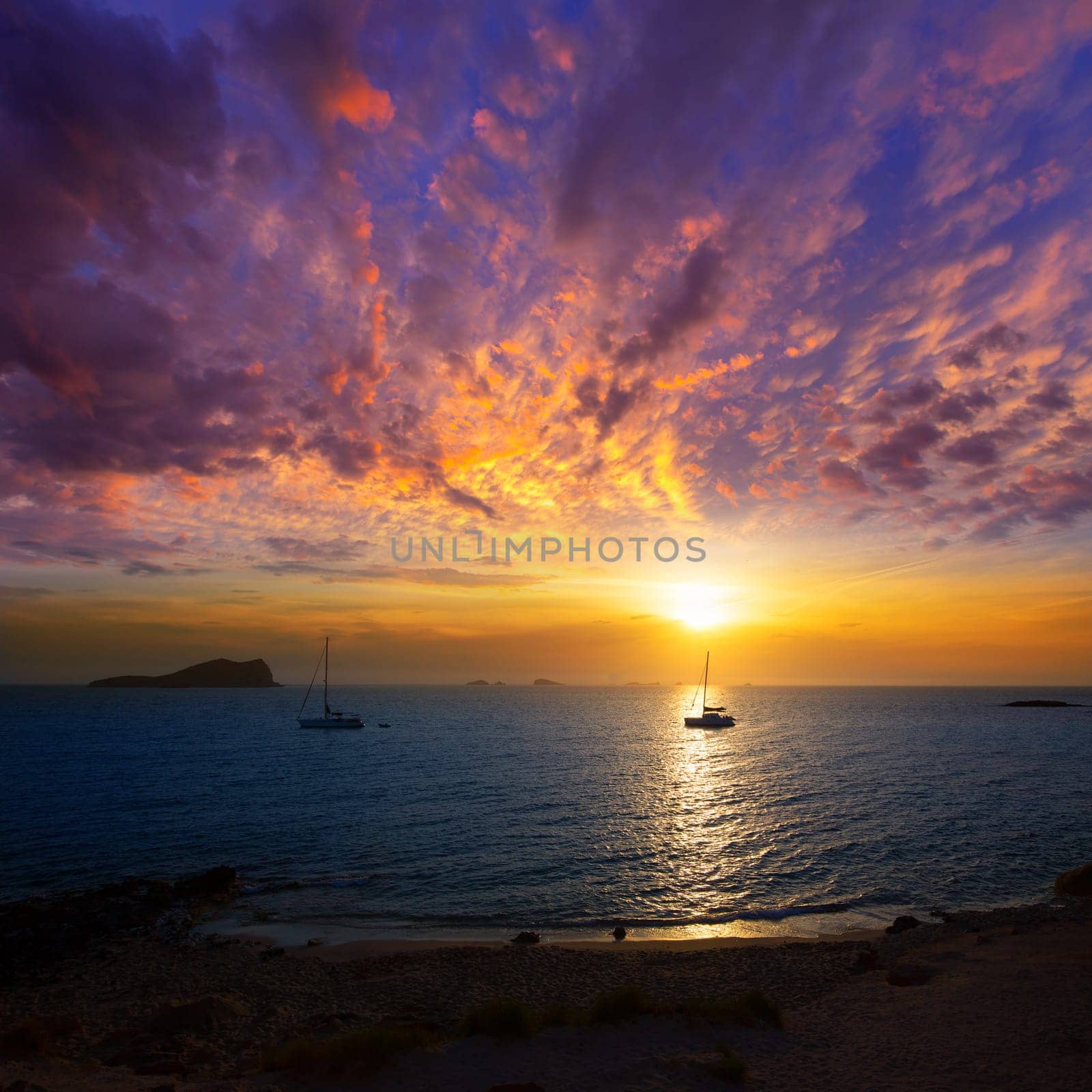 Ibiza sunset from Cala Conta Comte in San Jose at Balearic Islands Spain