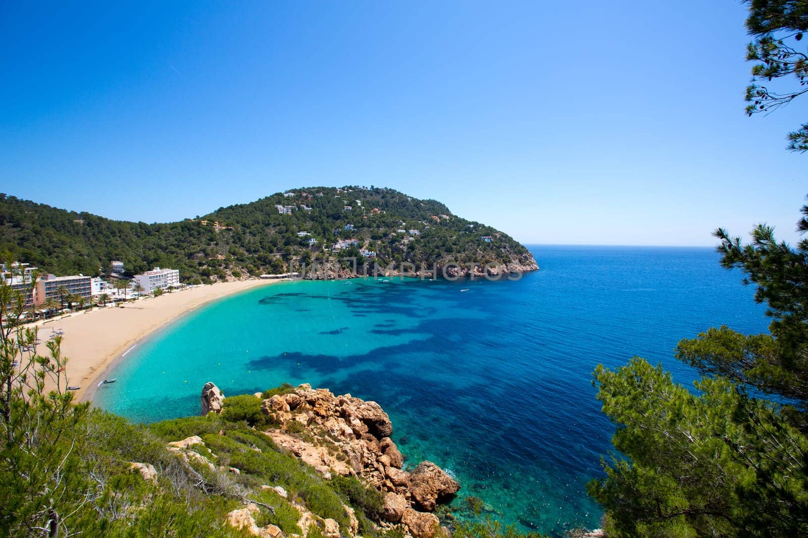 Ibiza caleta de Sant Vicent cala San vicente beach san Juan at Balearic Islands of spain