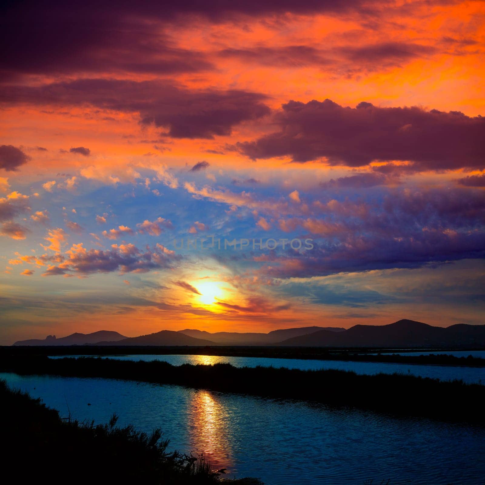Ibiza ses Salines saltworks at sunset in Sant Josep at Balearic Islands of Spain