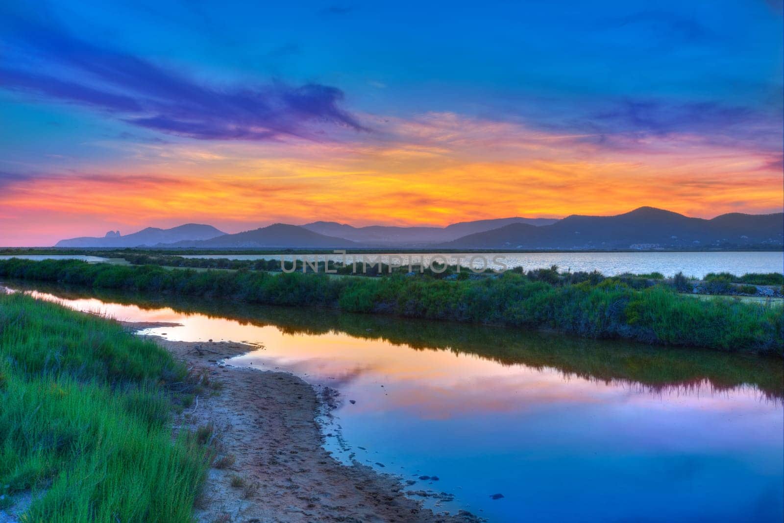 Ibiza ses Salines saltworks at sunset in Sant Josep at Balearic Islands of Spain