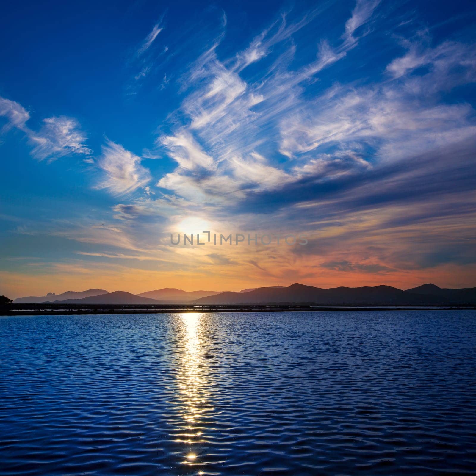 Ibiza ses Salines saltworks at sunset in Sant Josep at Balearic Islands of Spain