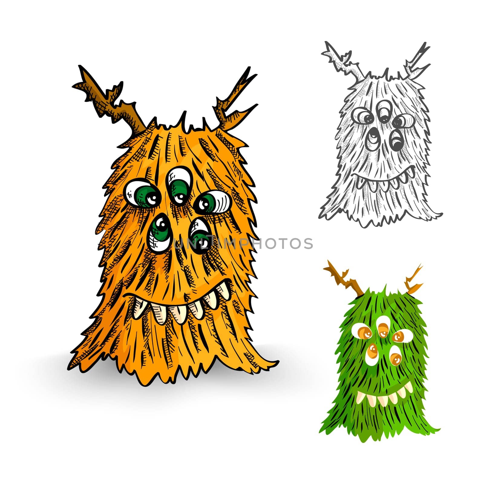 Halloween Monsters spooky hand drawn isolated hairy freak set. EPS10 vector file organized in layers for easy editing..