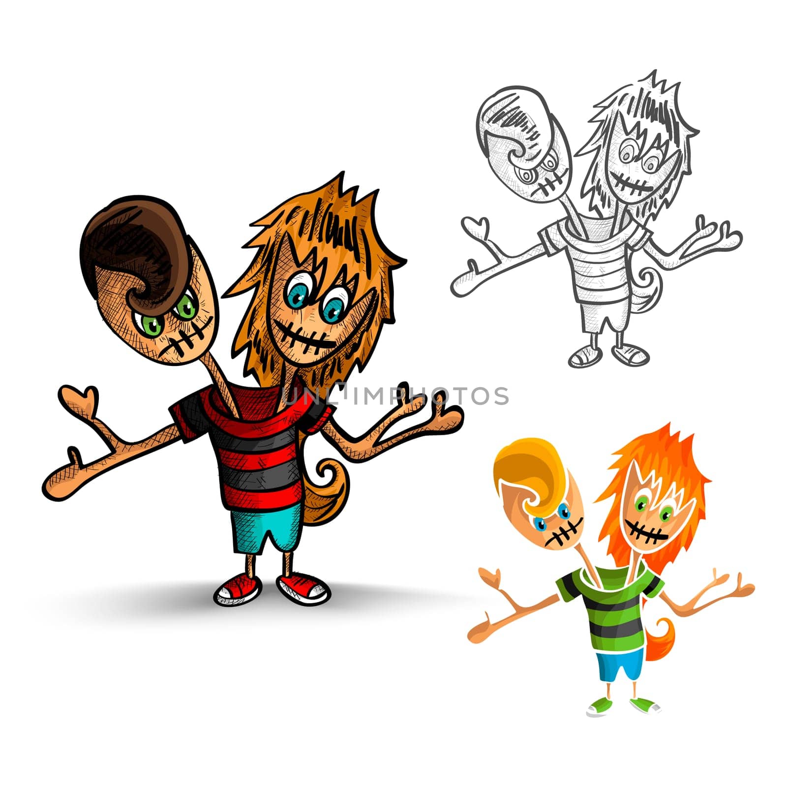 Halloween Monsters spooky isolated hand drawn zombie twins set. EPS10 vector file organized in layers for easy editing.