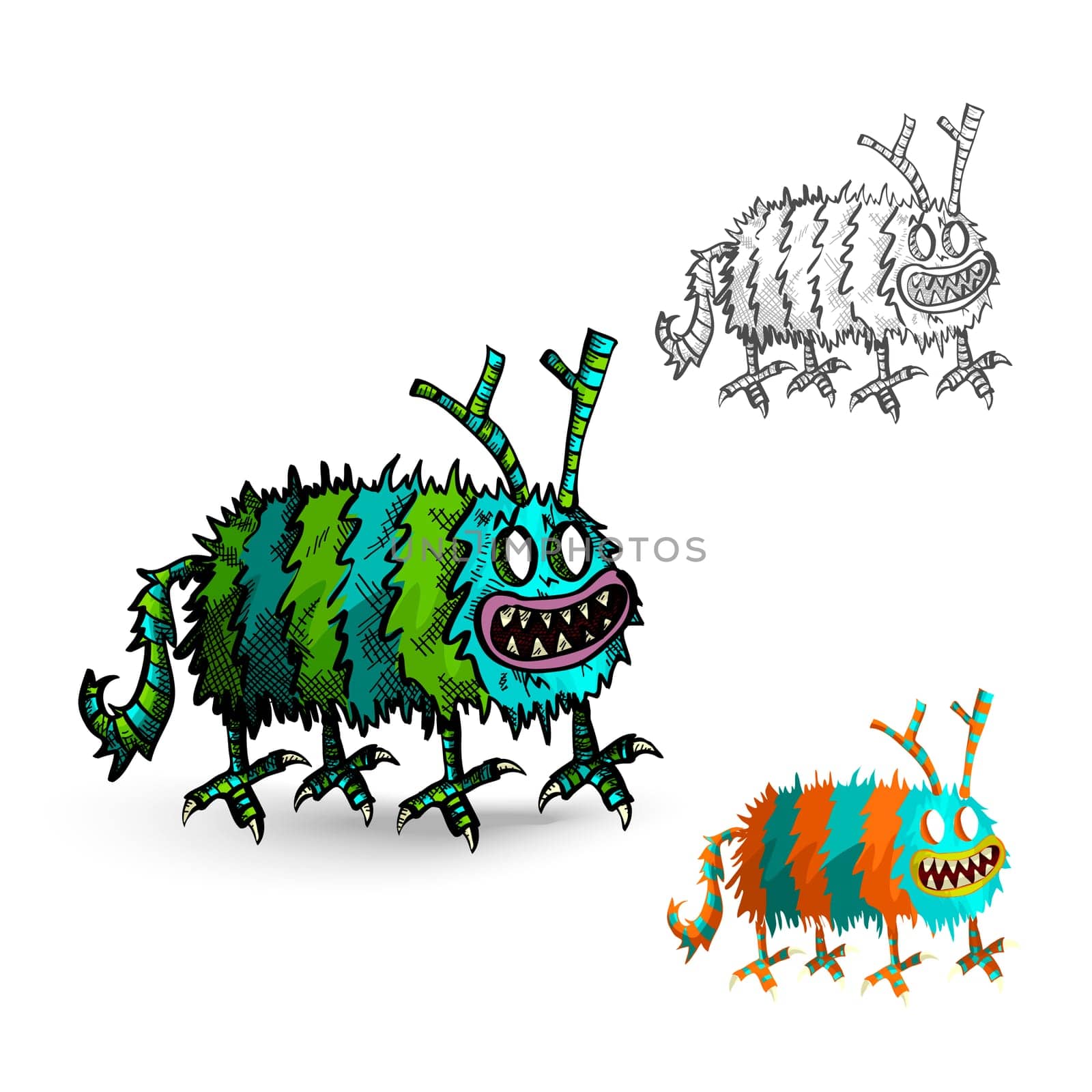 Halloween Monsters spooky hand drawn green and blue isolated creatures set. EPS10 vector file organized in layers for easy editing.