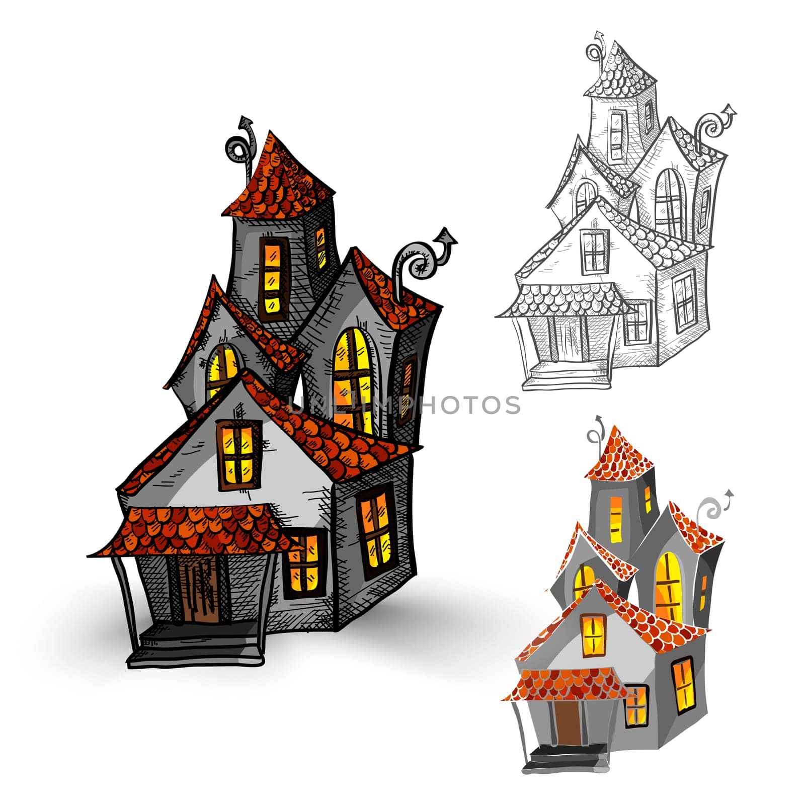 Halloween Monsters isolated spooky hand drawn haunted house set. EPS10 vector file organized in layers for easy editing.