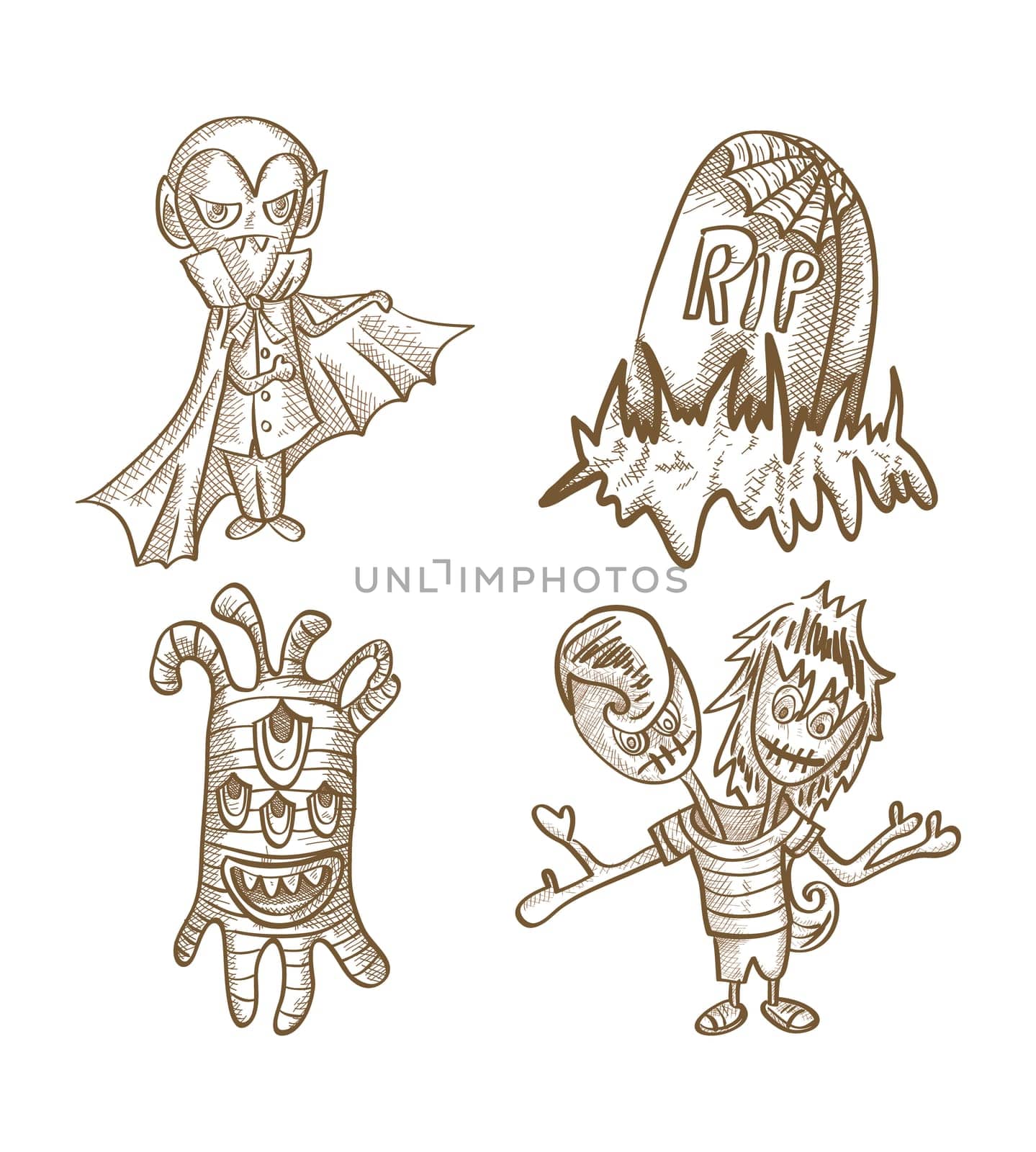 Halloween Monsters isolated spooky hand drawn classic creatures set. EPS10 vector file organized in layers for easy editing.
