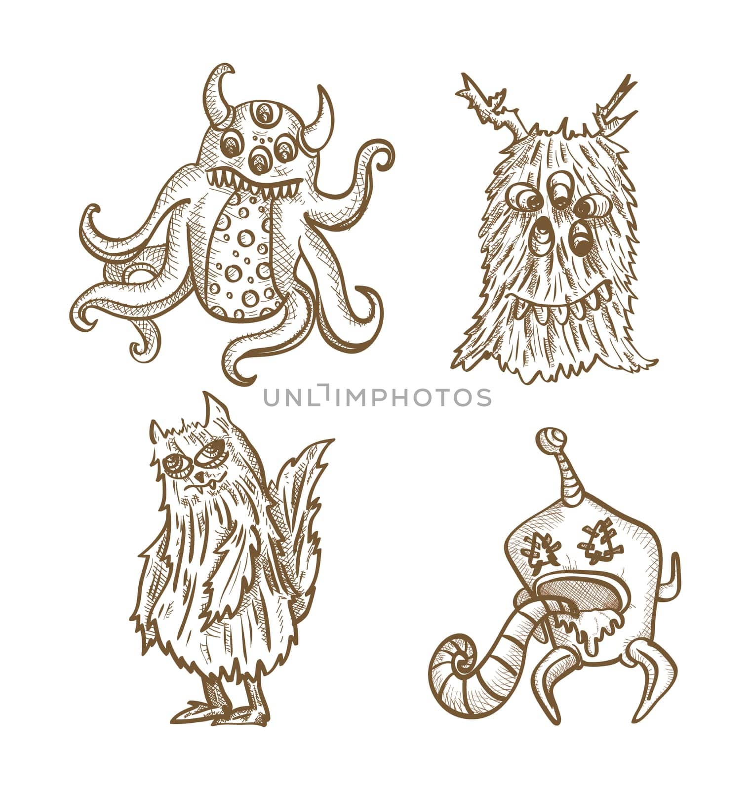 Halloween monsters isolated spooky hand drawn freak creatures set. EPS10 vector file organized in layers for easy editing.