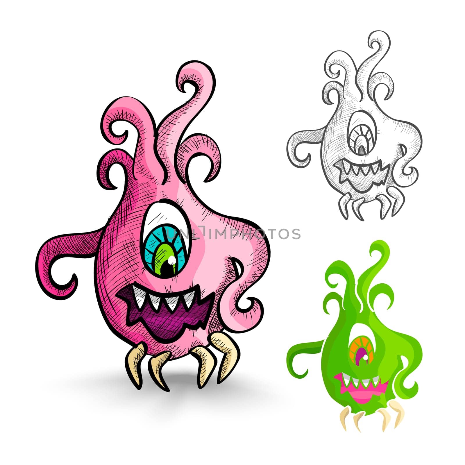 Halloween Monsters isolated spooky hand drawn freak creatures set. EPS10 vector file organized in layers for easy editing.