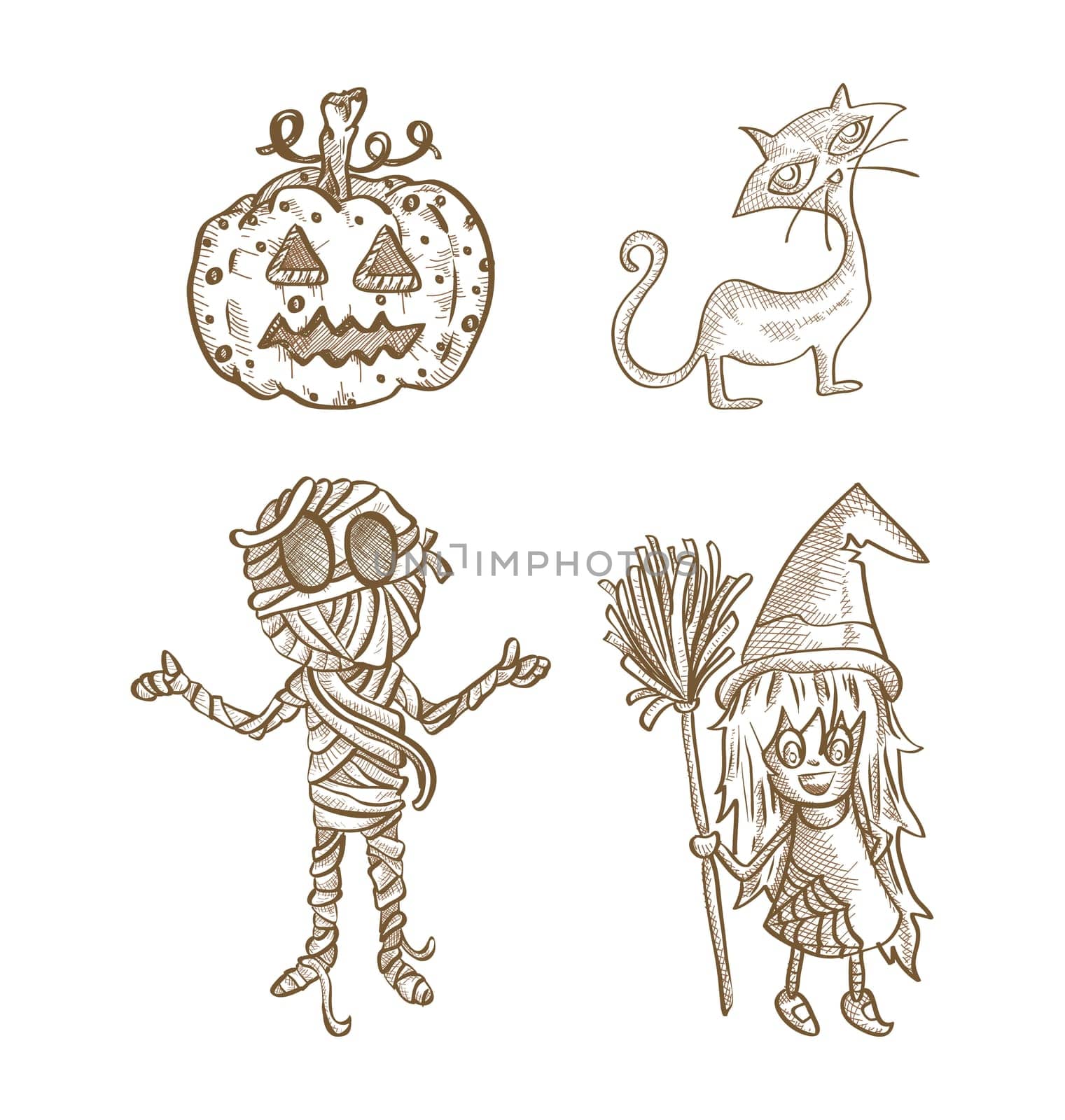 Halloween classic monsters isolated spooky hand drawn freak creatures set. EPS10 vector file organized in layers for easy editing.