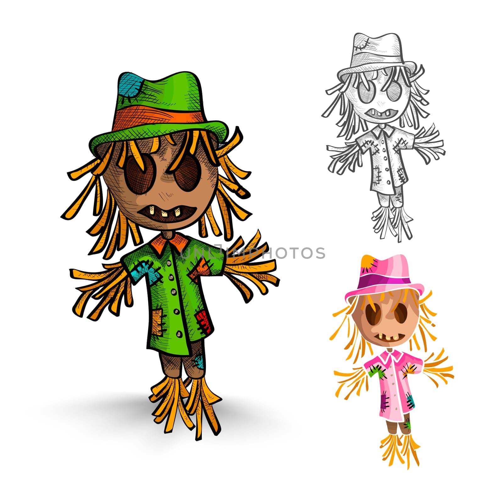 Halloween Monsters isolated spooky hand drawn scarecrow mans set. EPS10 vector file organized in layers for easy editing..