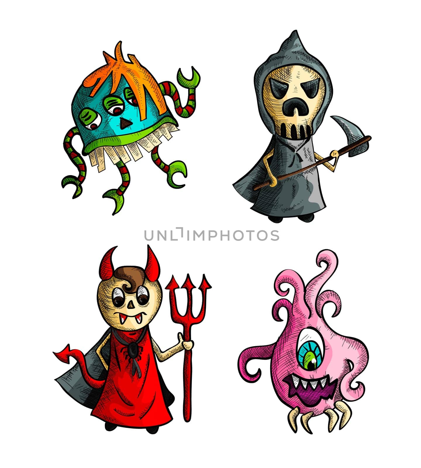 Halloween Monsters isolated spooky hand drawn creatures set. EPS10 vector file organized in layers for easy editing.