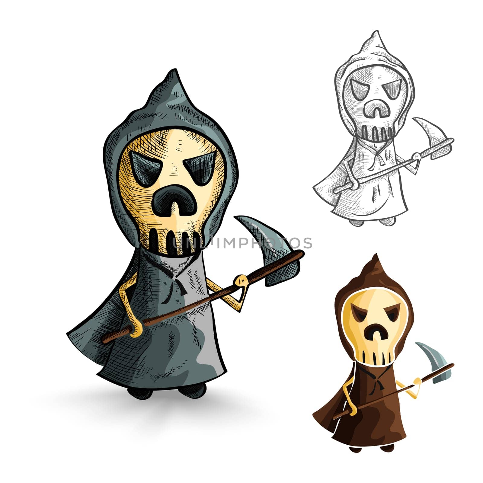 Halloween Monsters isolated spooky hand drawn grim reapers set. EPS10 vector file organized in layers for easy editing.