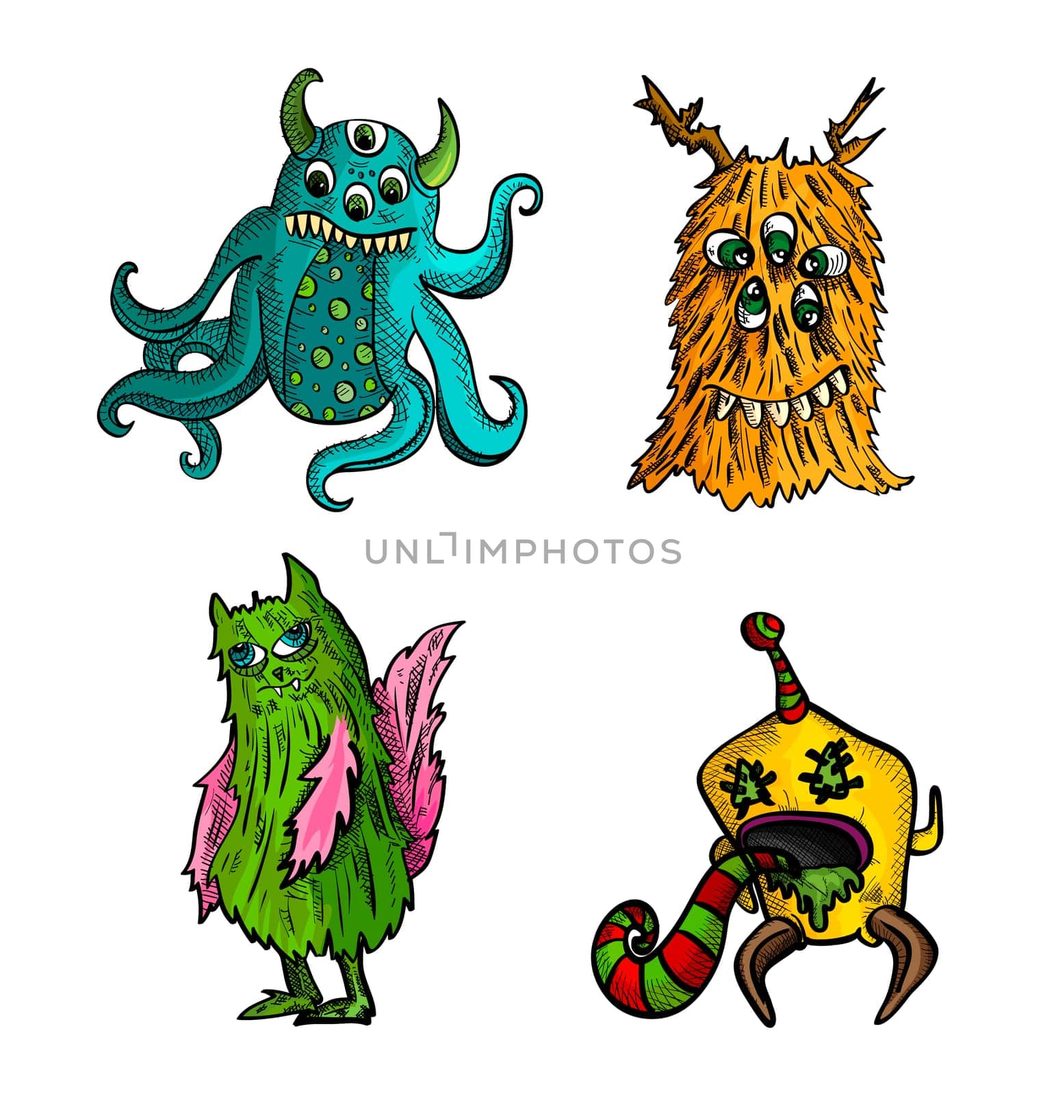 Halloween Monsters isolated spooky hand drawn weird freak creatures set. EPS10 vector file organized in layers for easy editing.