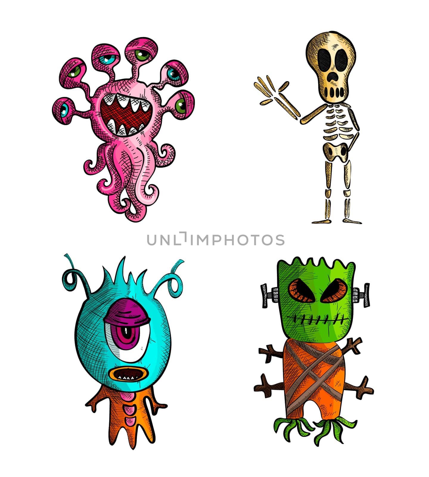 Halloween Monsters isolated spooky hand drawn creatures set. EPS10 vector file organized in layers for easy editing.