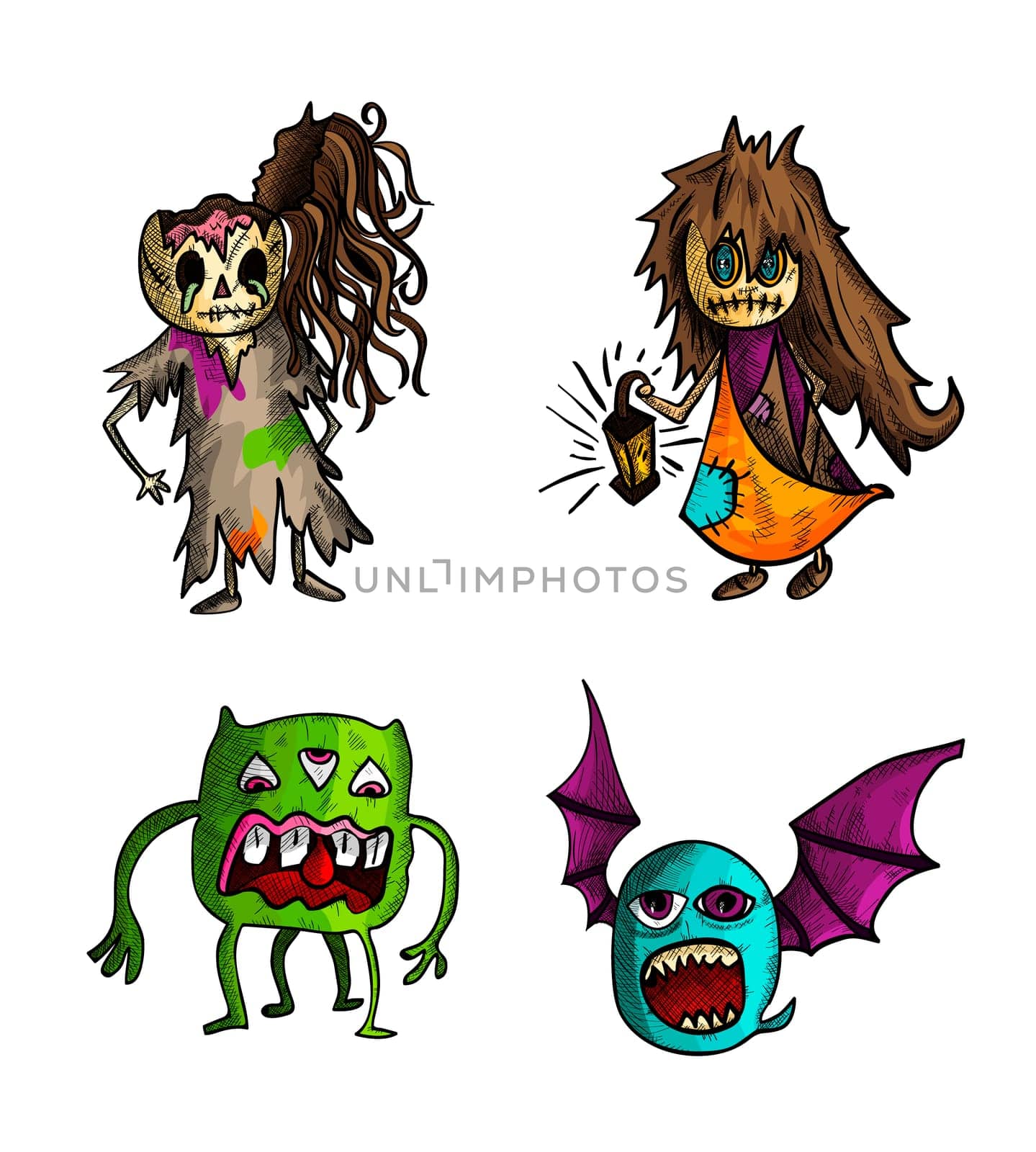 Halloween Monsters isolated spooky hand drawn freaky weird creatures set. EPS10 vector file organized in layers for easy editing.