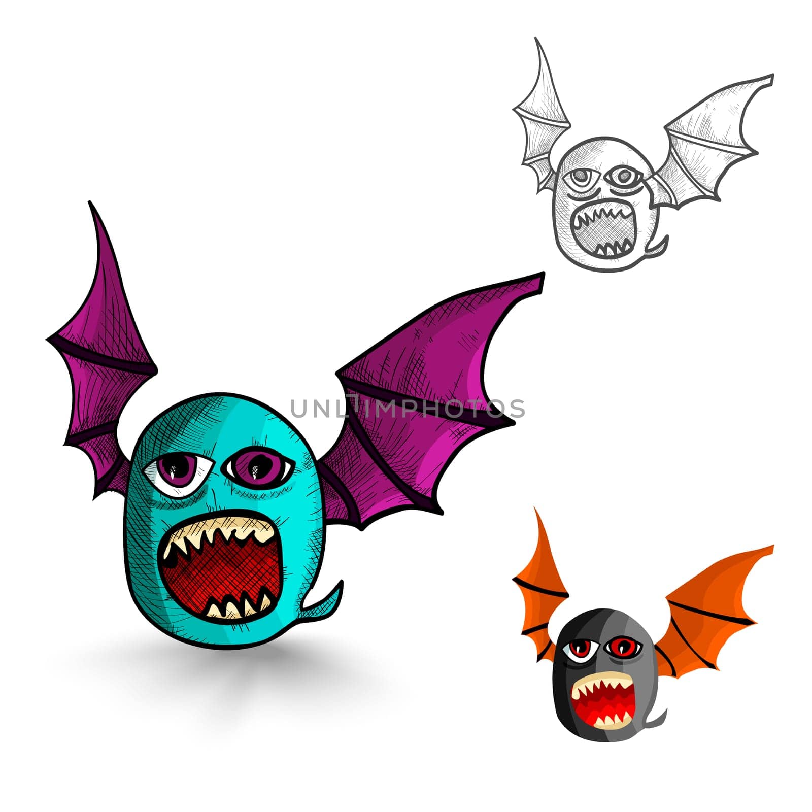 Halloween Monsters isolated spooky hand drawn winged creatures set. EPS10 vector file organized in layers for easy editing.