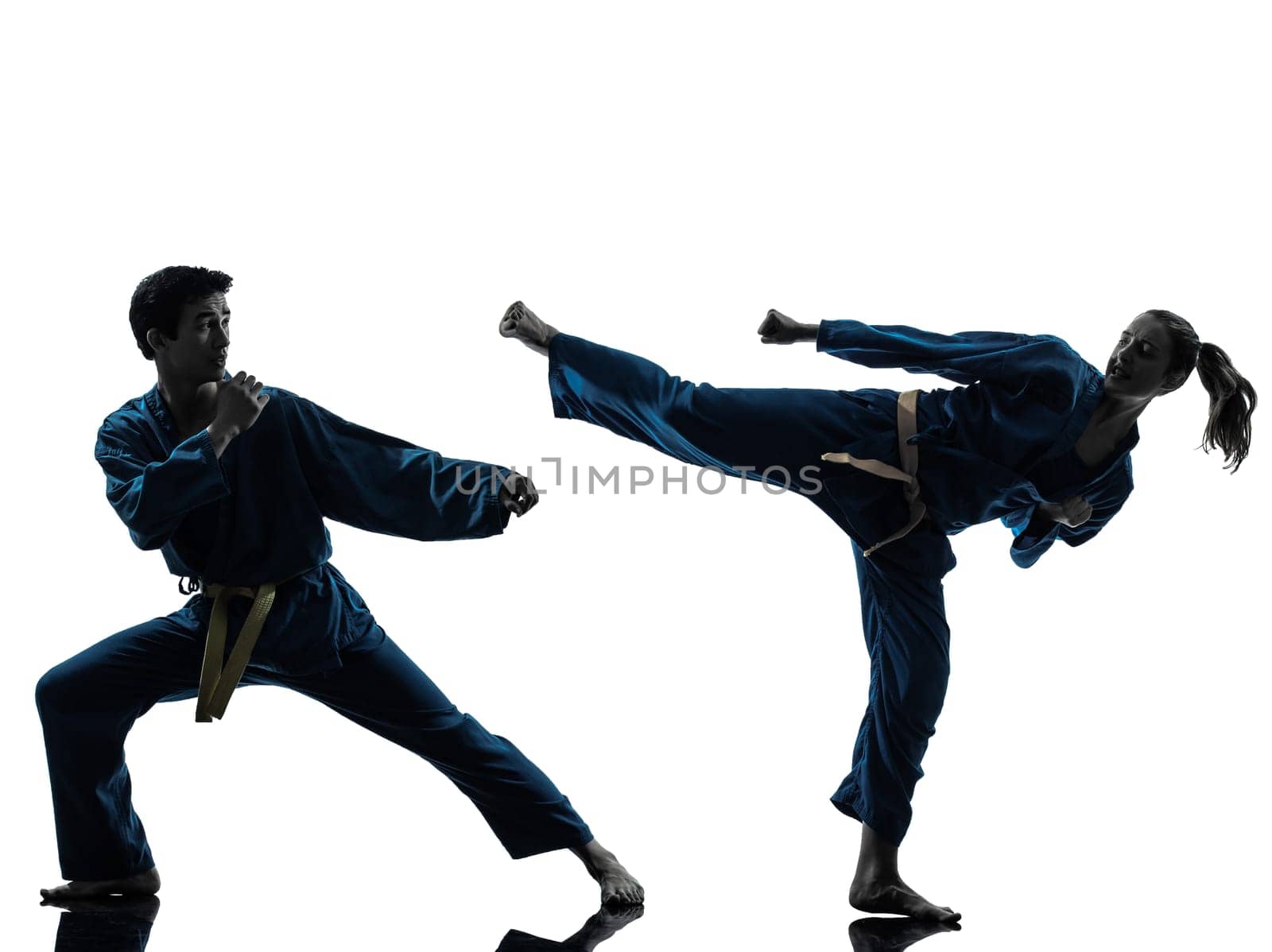 one  man woman couple exercising karate vietvodao martial arts in silhouette studio isolated on white background