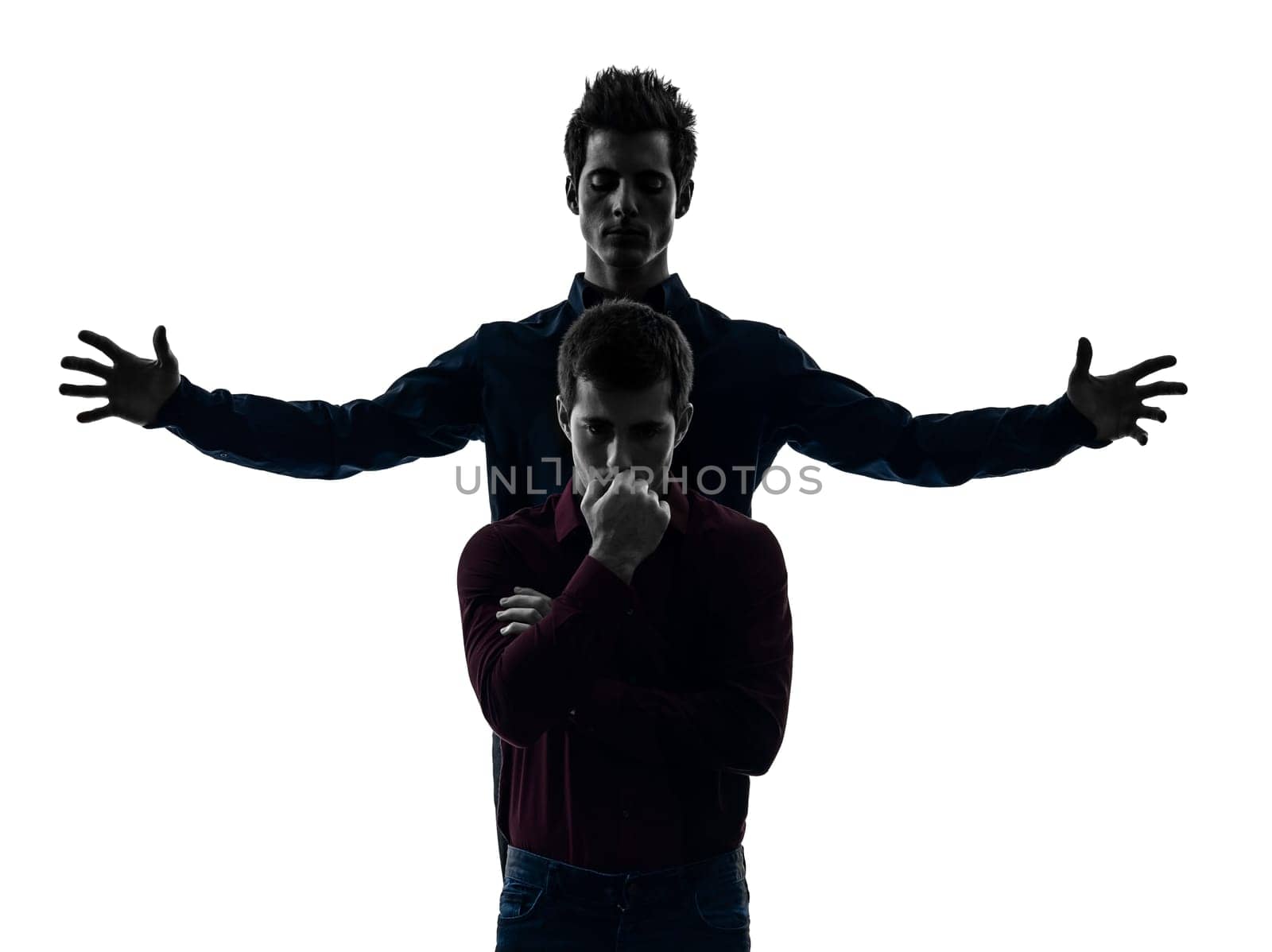 two caucasian young men domination concept shadow  white background