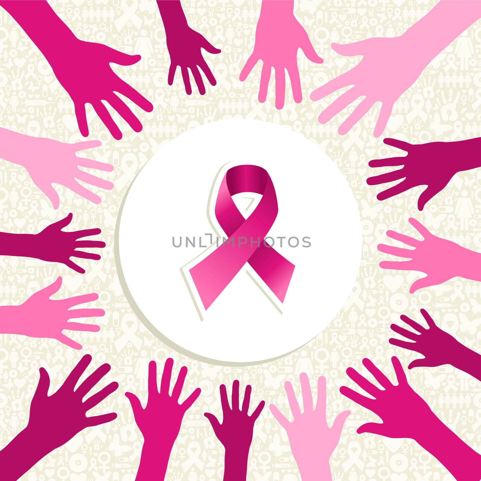 Breast cancer awareness ribbon elements women hands circle shape composition. Vector file organized in layers for easy editing.