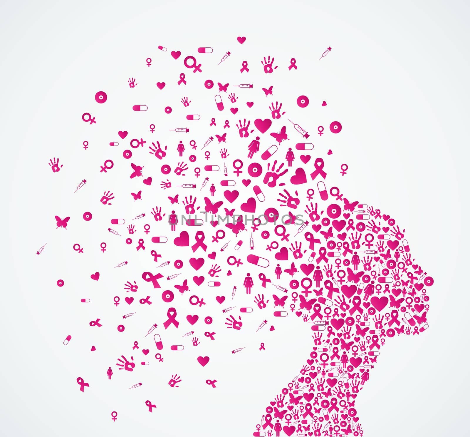 Breast cancer awareness, woman head shape with ribbon care elements splash composition. Vector file organized in layers for easy editing.