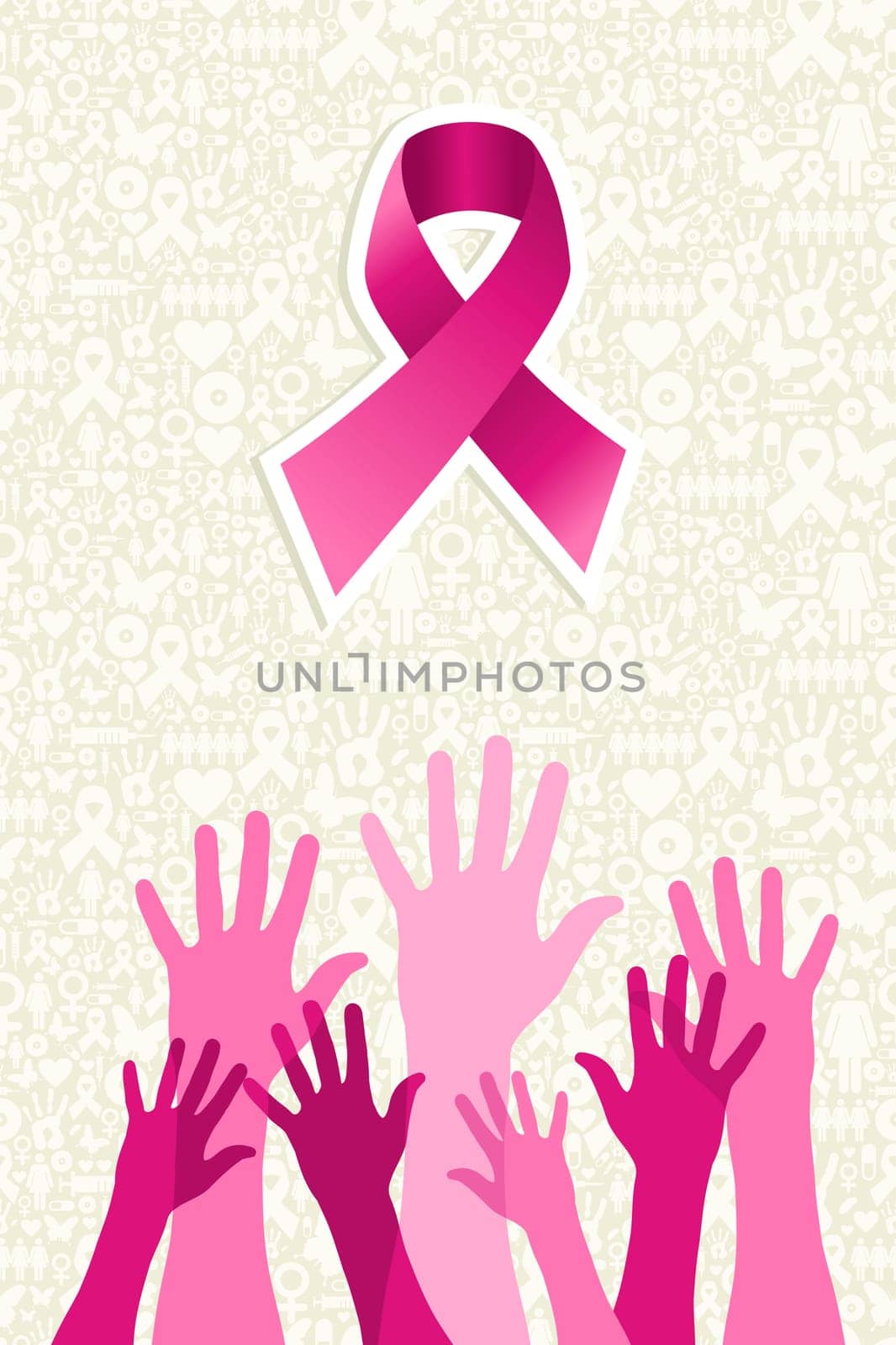 Breast cancer awareness ribbon elements women hands shape composition. Vector file organized in layers for easy editing.