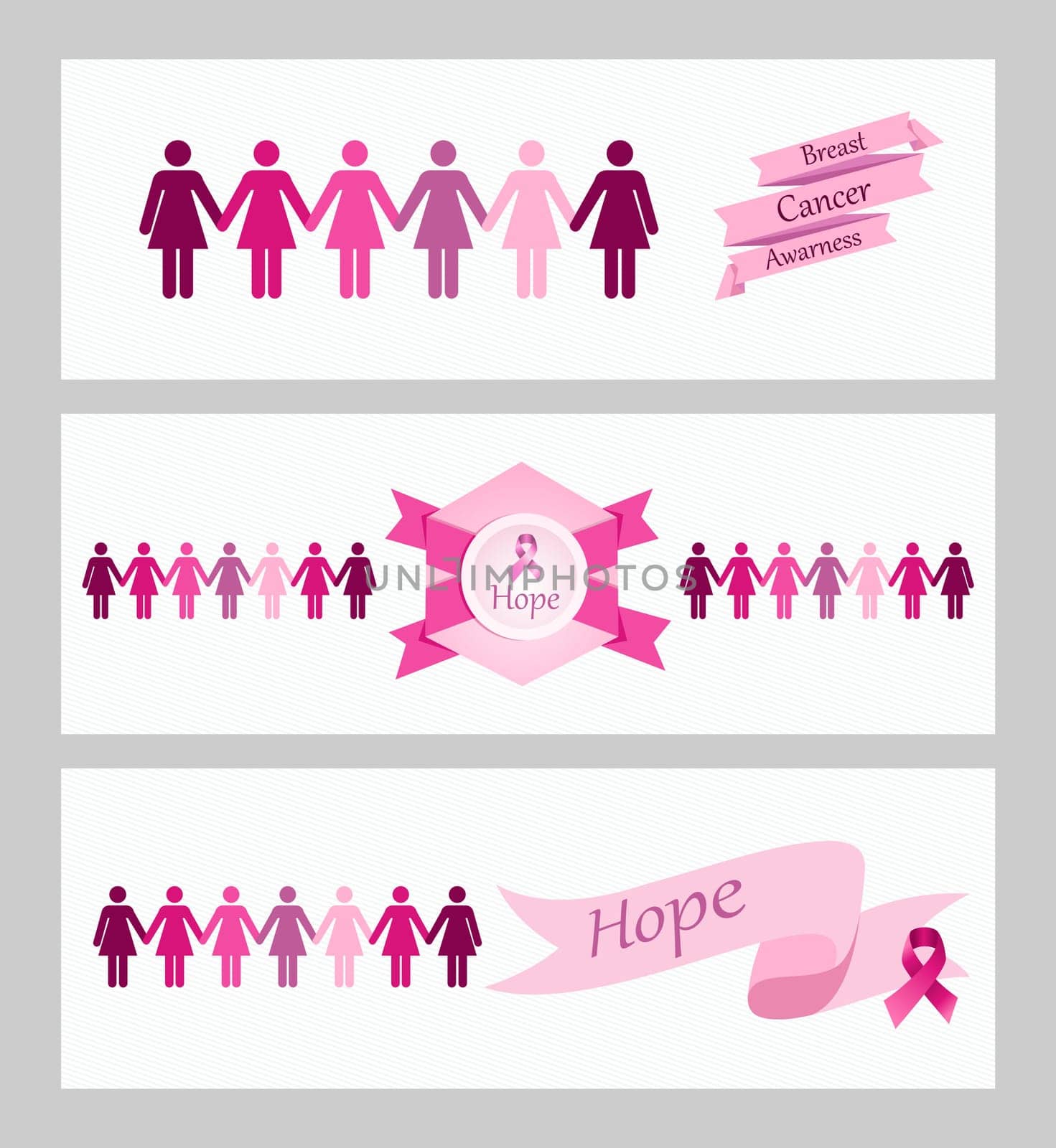 Breast cancer awareness ribbon women figures and elements web banners set. Vector file organized in layers for easy editing.
