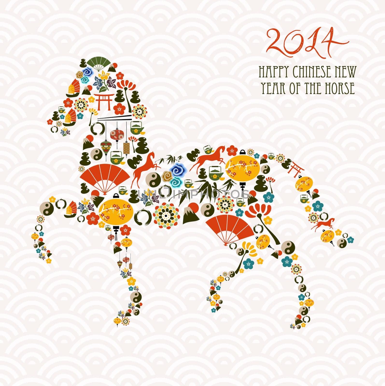 2014 Chinese New Year of the Horse eastern elements composition. Vector file organized in layers for easy editing.