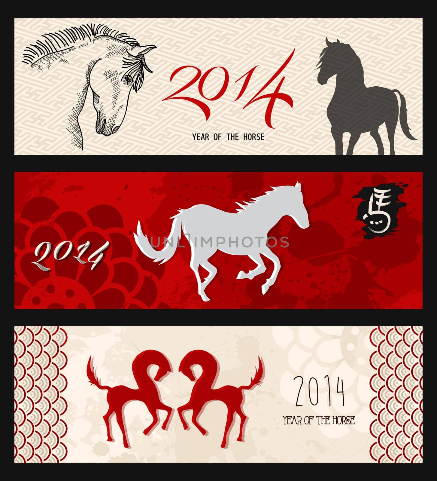 2014 Chinese New Year of the Horse web banners set. EPS10 Vector with transparency.