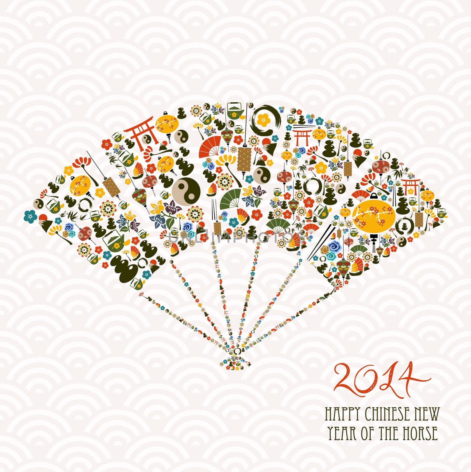2014 Chinese New Year of the Horse fan shape eastern elements composition. Vector file organized in layers for easy editing.