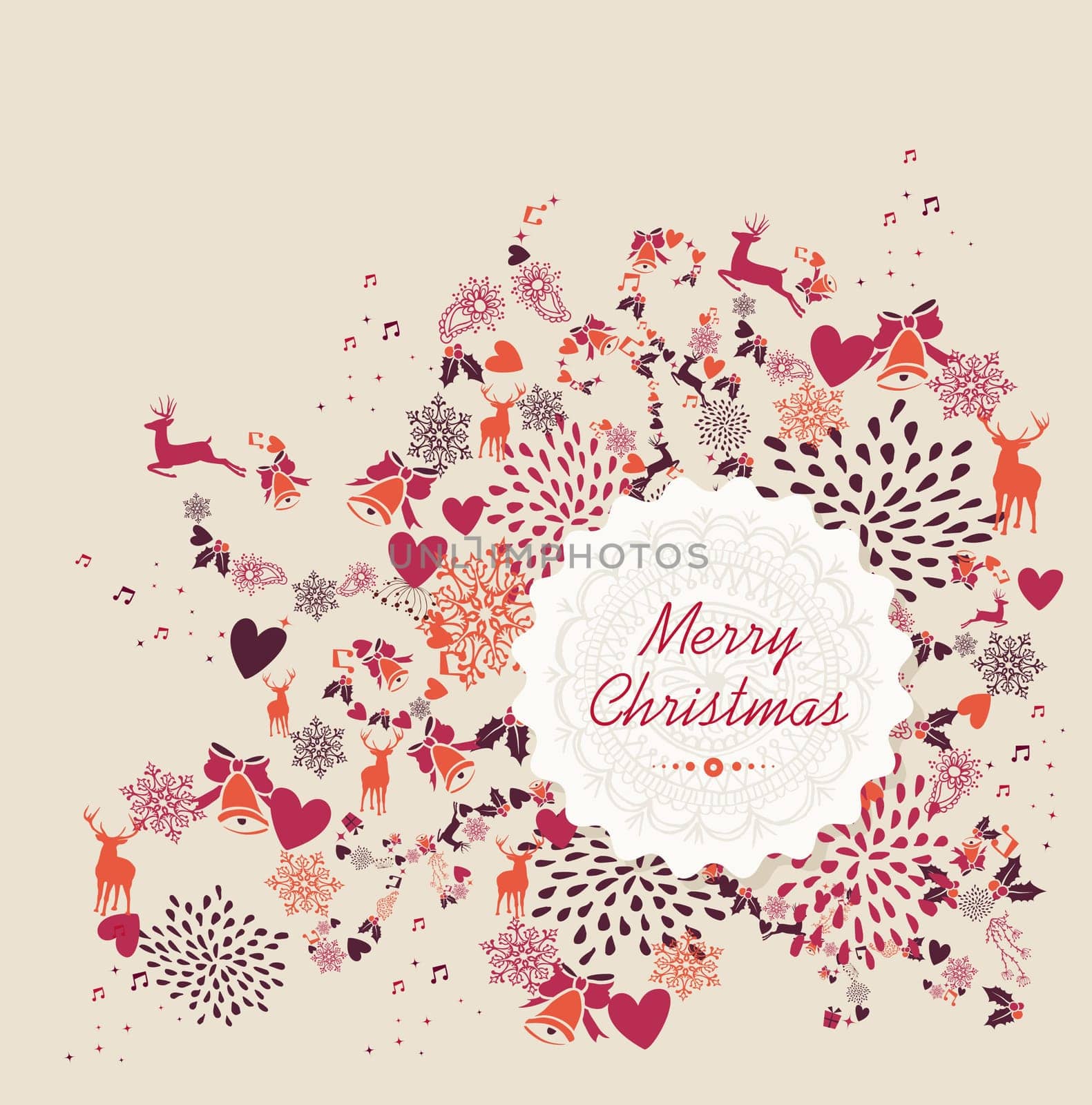 Merry Christmas label text, reindeer and vintage season elements background. Vector file organized in layers for easy editing.