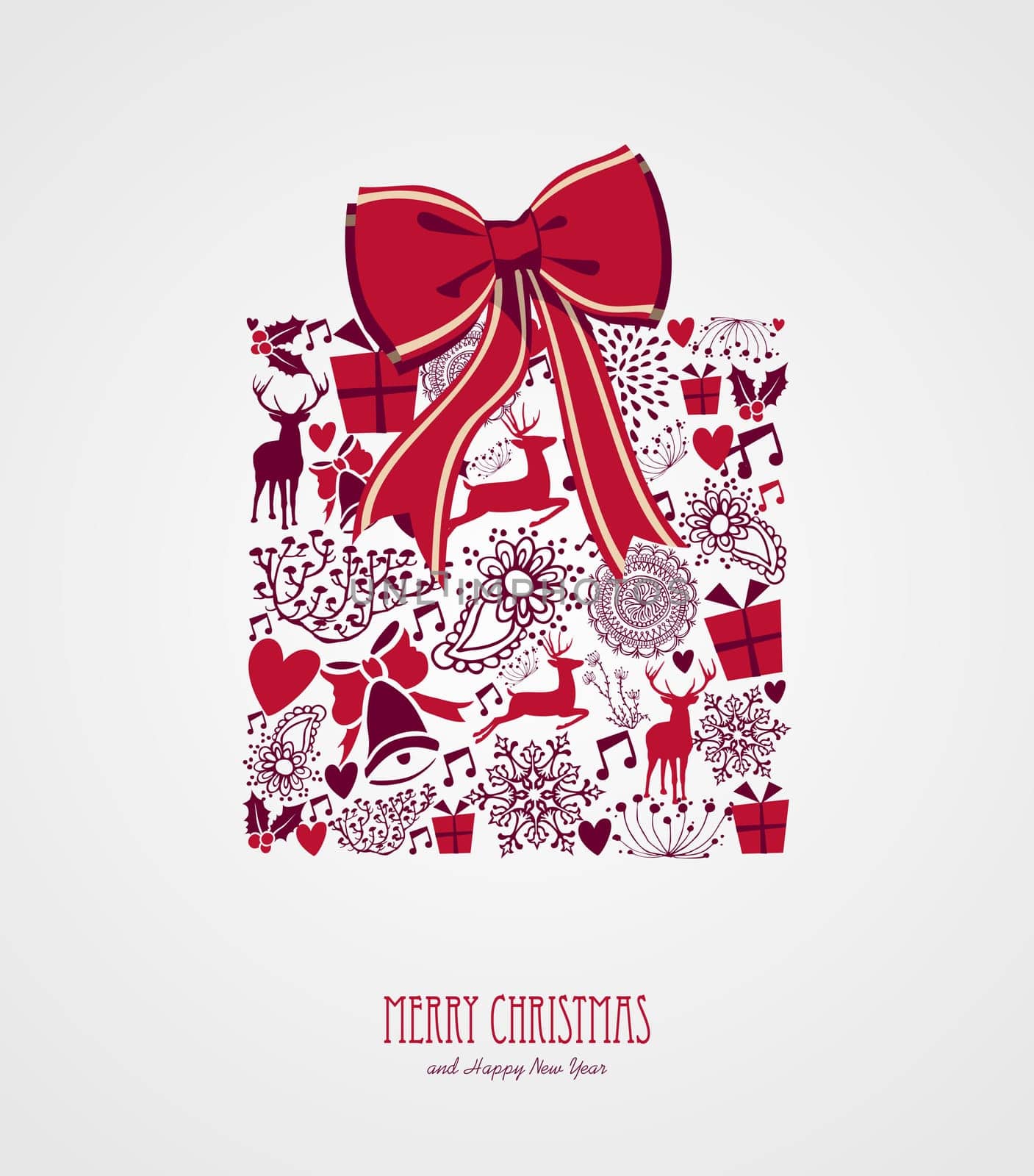 Merry Christmas vintage holiday elements, ribbon gift box shape composition. Vector file organized in layers for easy editing.