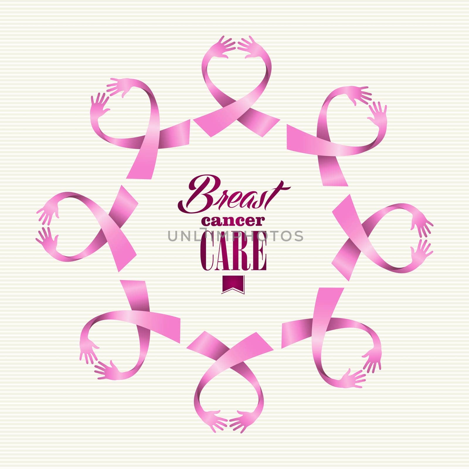 Breast cancer awareness ribbon elements women hands circle shape composition. Vector file organized in layers for easy editing.