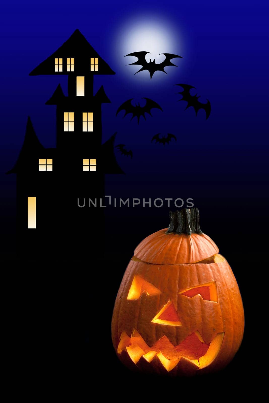 Haunted castle with Halloween pumpkin