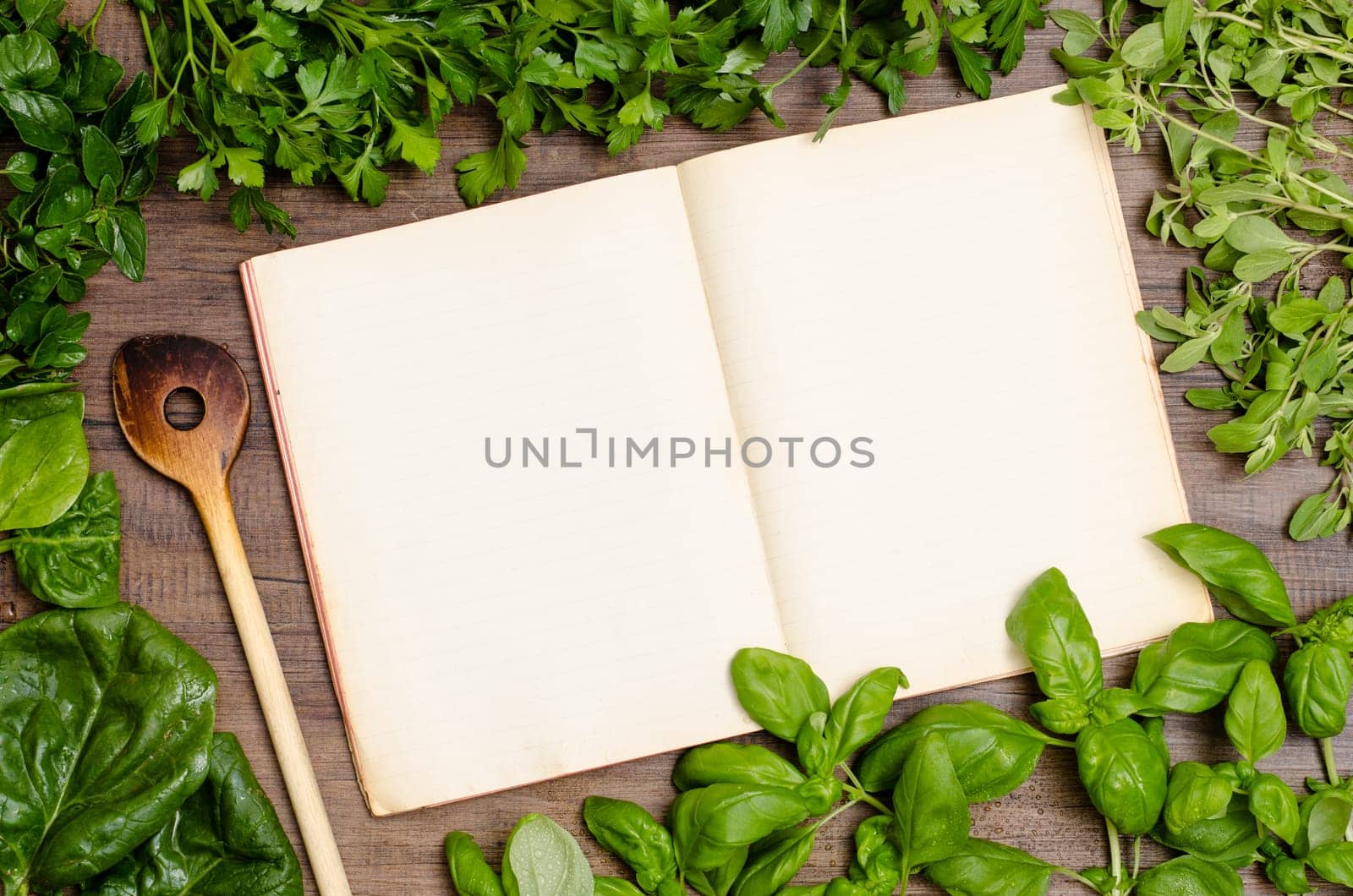 Book by recipe with wooden spoon and green herbs
