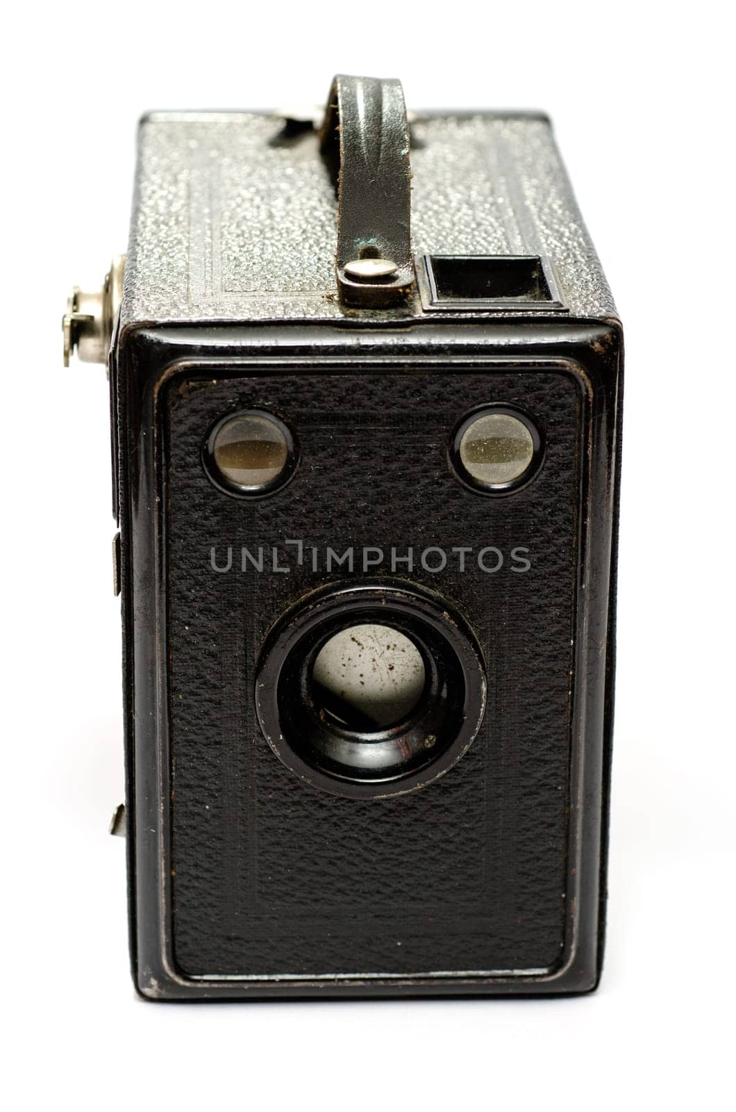 Old black box camera made of sheet metal on a white background