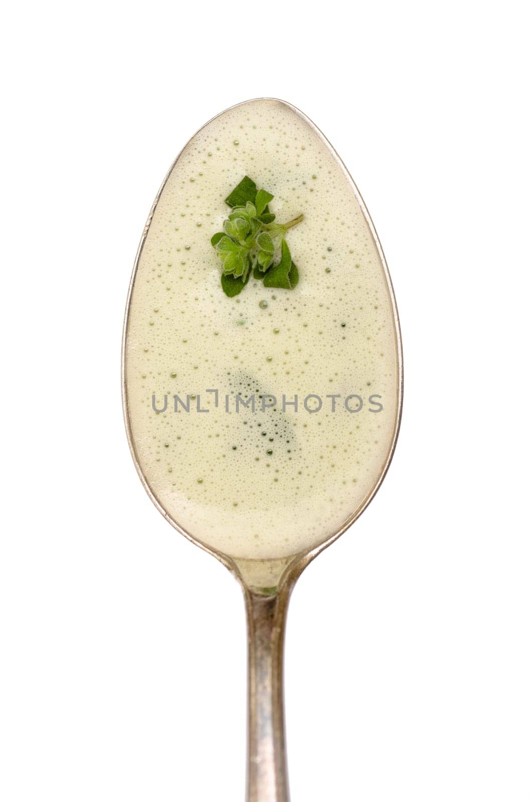 Spoon with foam of herbal soup with marjoram