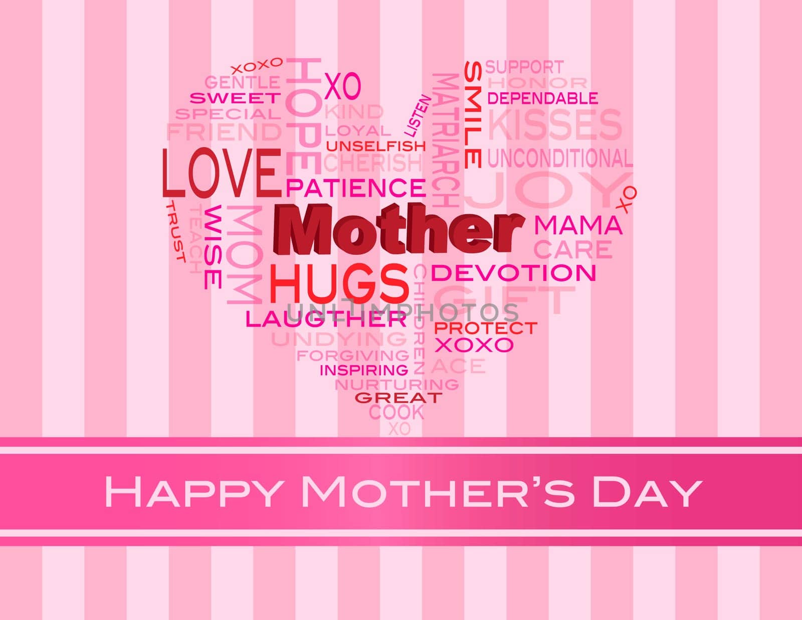 Happy Mothers Day Word Cloud in Heart Shape Silhouette on Pink Stripes Background Illustration