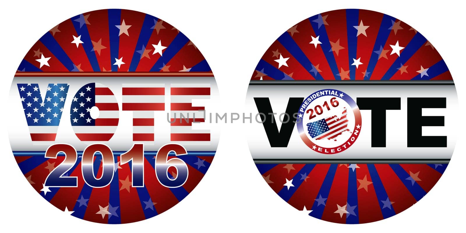 Vote 2016 Presidential Election Buttons with Stars and Stripes Sunburst Illustration