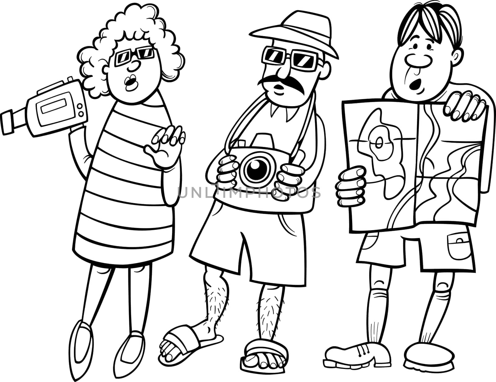 Black and White Cartoon Illustration of Funny Tourist Group on Vacation