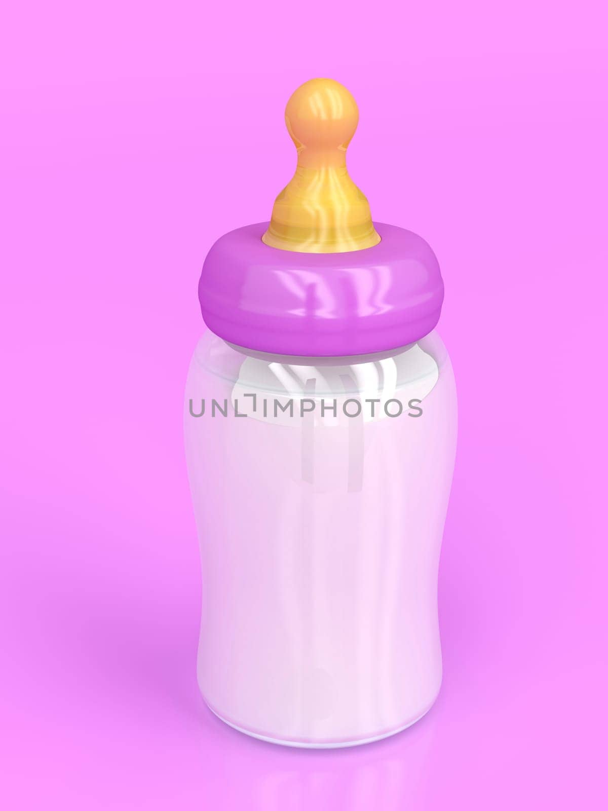Baby bottle with milk on shiny purple background
