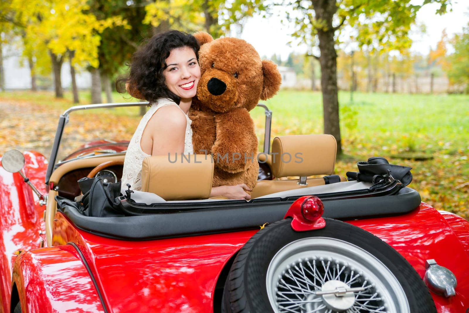Smiling woman with bear toy in retro car