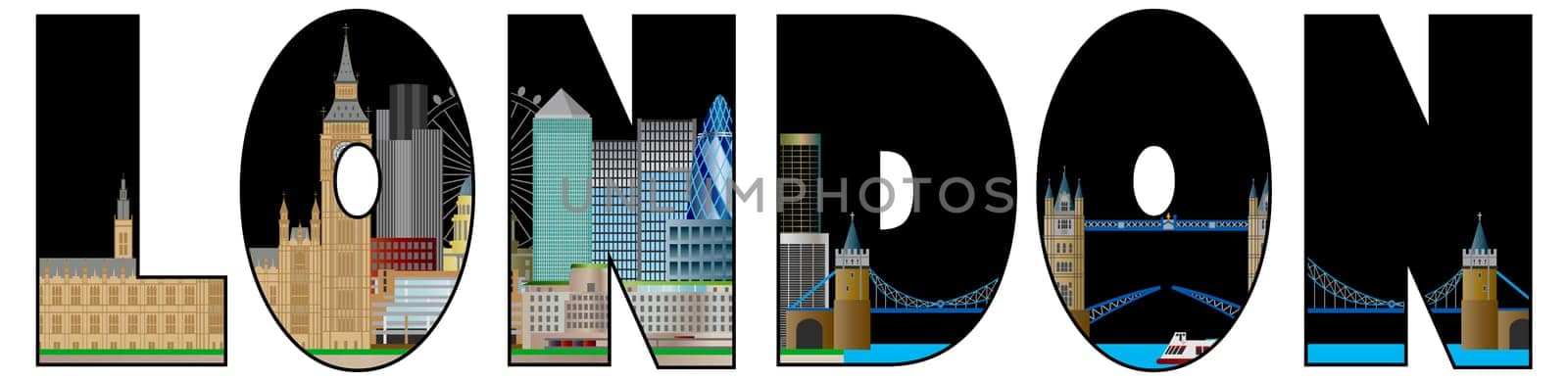 London England Skyline Panorama with Tower Bridge and Westminster Palace Text Outline Color Illustration