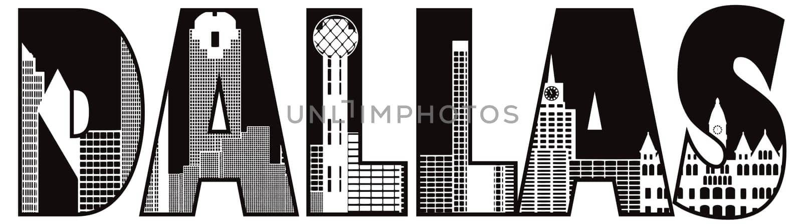 Dallas Texas City Skyline Text Outline Black and White Silhouette Illustration