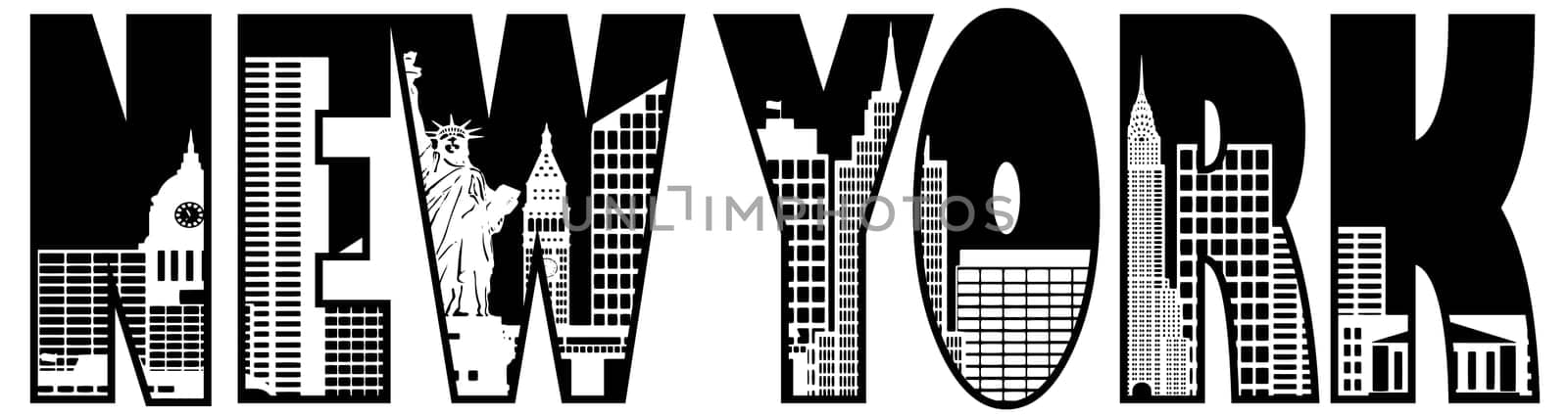 New York City Skyline Text Outline Silhouette Black and White Illustration