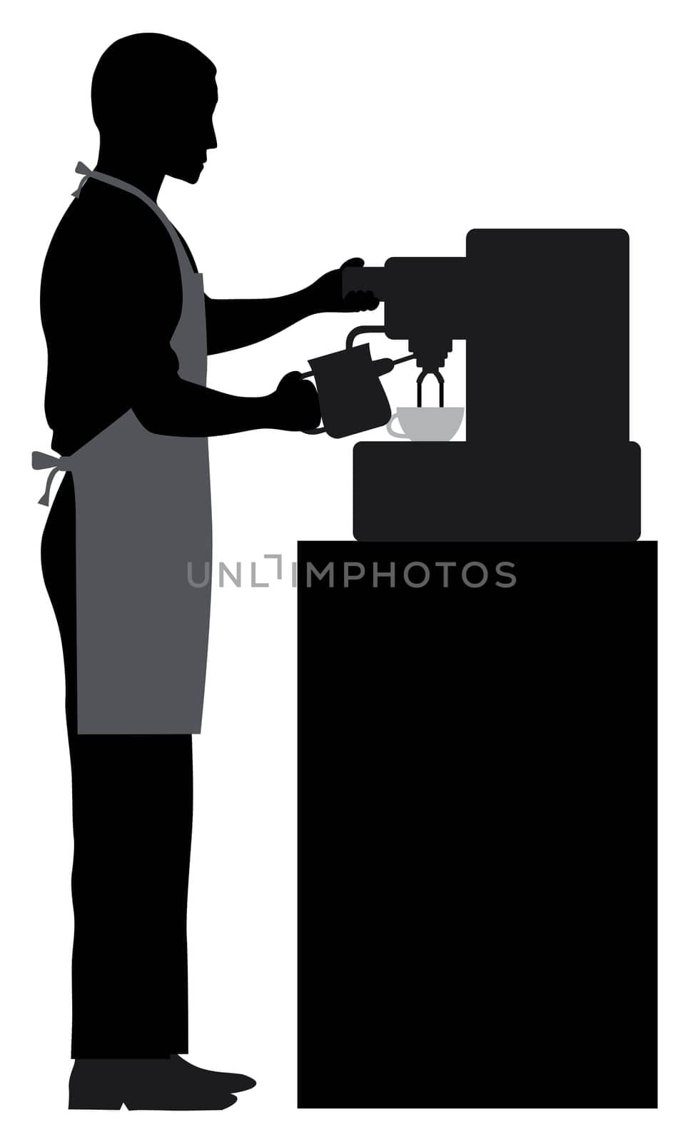 Male Coffee Barista Silhouette Making Espresso and Steaming Milk with Espresso Machine Illustration